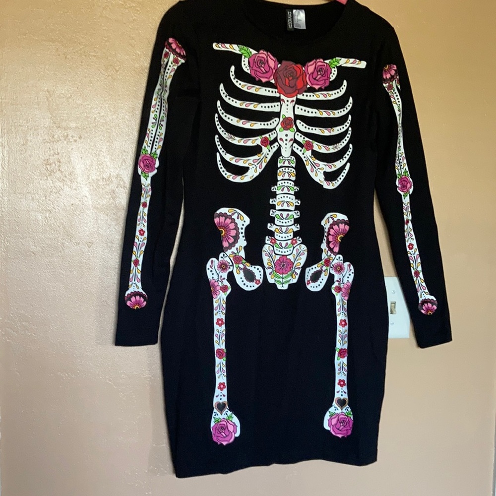 Divided Black Skeleton Dress with Pink and White Accents